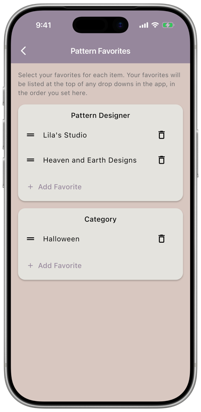 The Pattern Favorites screen with Pattern Designer and Category sections