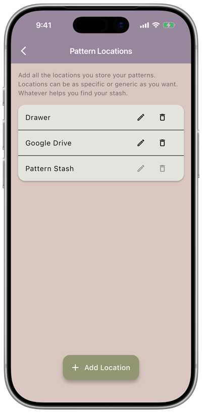 The Pattern Locations screen listing locations with edit and delete icons