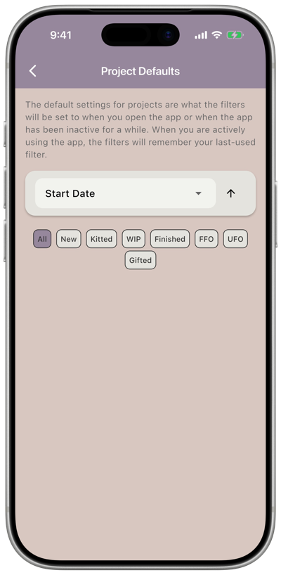The Project Defaults screen showing a sort dropdown and status filter chips
