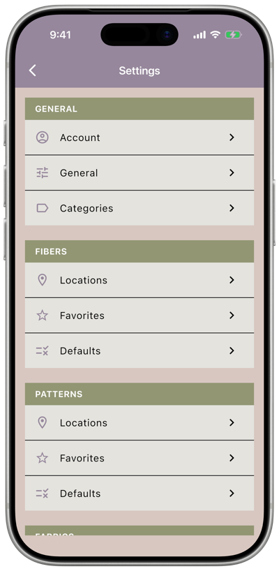 The Settings list, grouped into General, Fibers, Patterns, and more