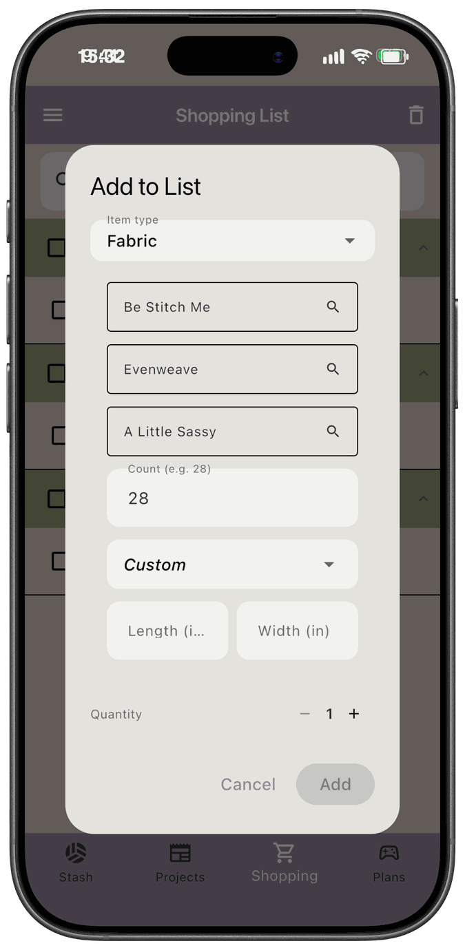 The fabric form with brand, type, color, count, and a Custom size with Length and Width fields