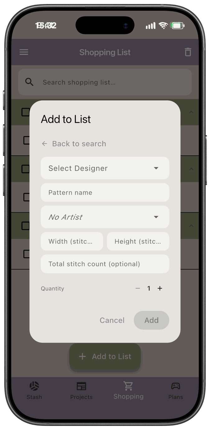 The new pattern form with Designer, Pattern name, Artist, Width, Height, and Total stitch count fields