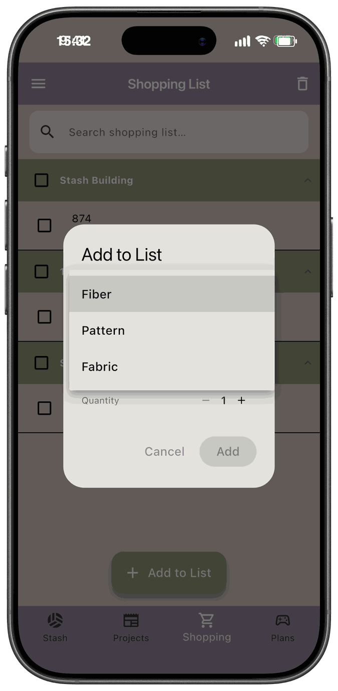 The Add to List dialog with the Item type menu open showing Fiber, Pattern, and Fabric