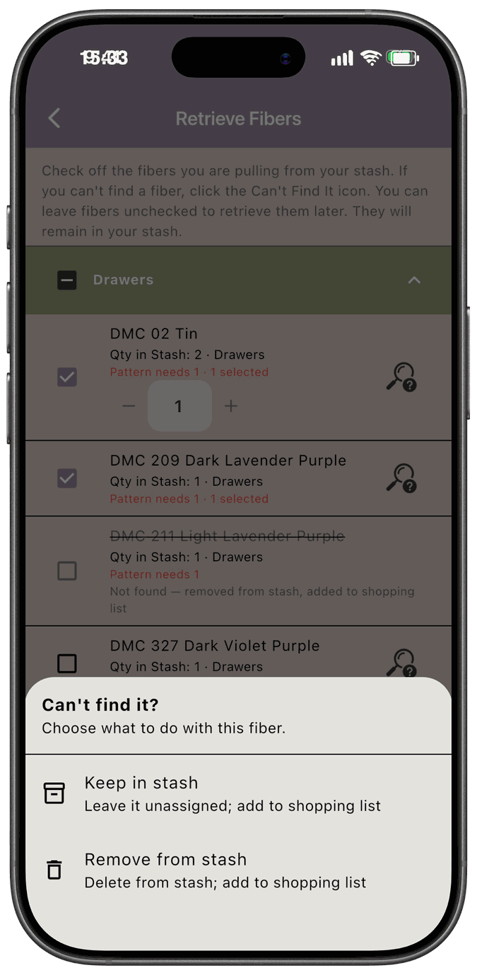 The Can’t find it sheet with Keep in stash and Remove from stash options, each adding the fiber to the shopping list