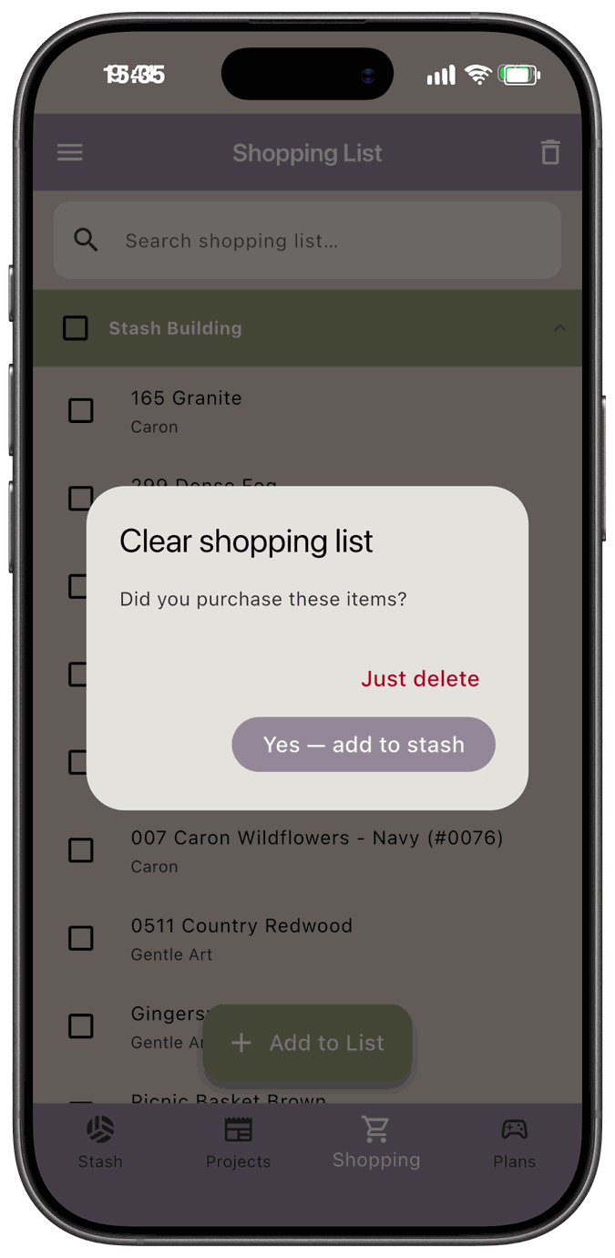 The Clear shopping list dialog asking Did you purchase these items with Just delete and Yes — add to stash buttons