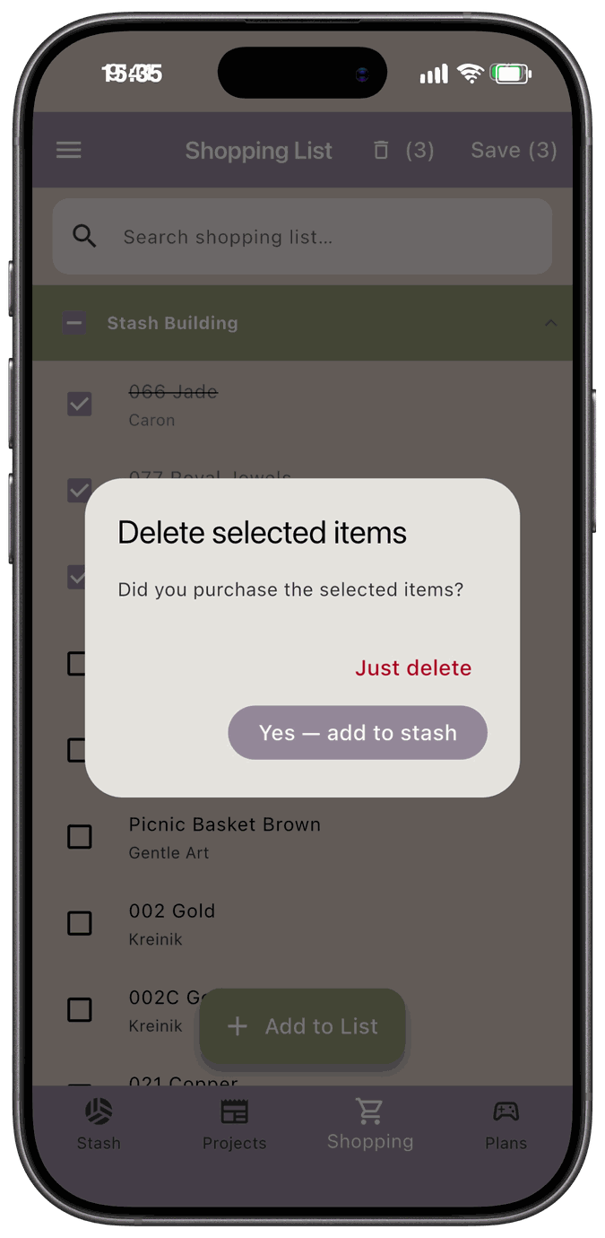 The Delete selected items dialog asking Did you purchase the selected items with Just delete and Yes — add to stash buttons