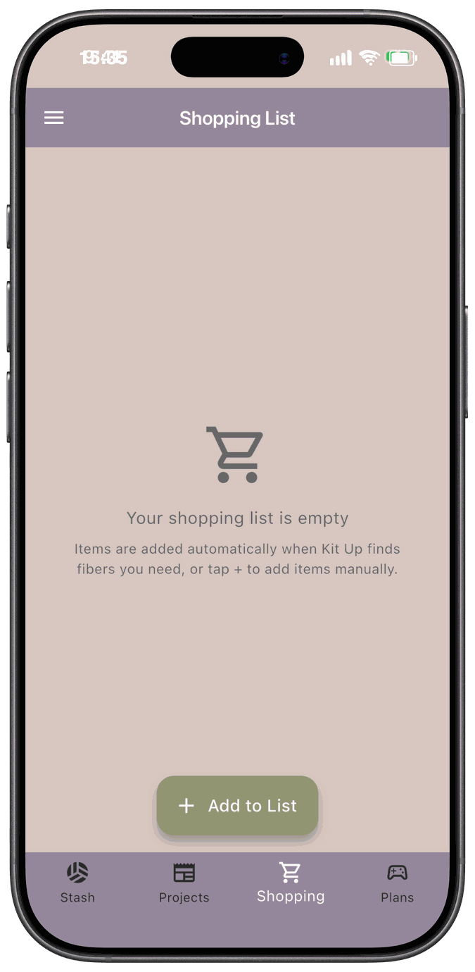 The empty Shopping List screen with a cart icon and a message that the list is empty