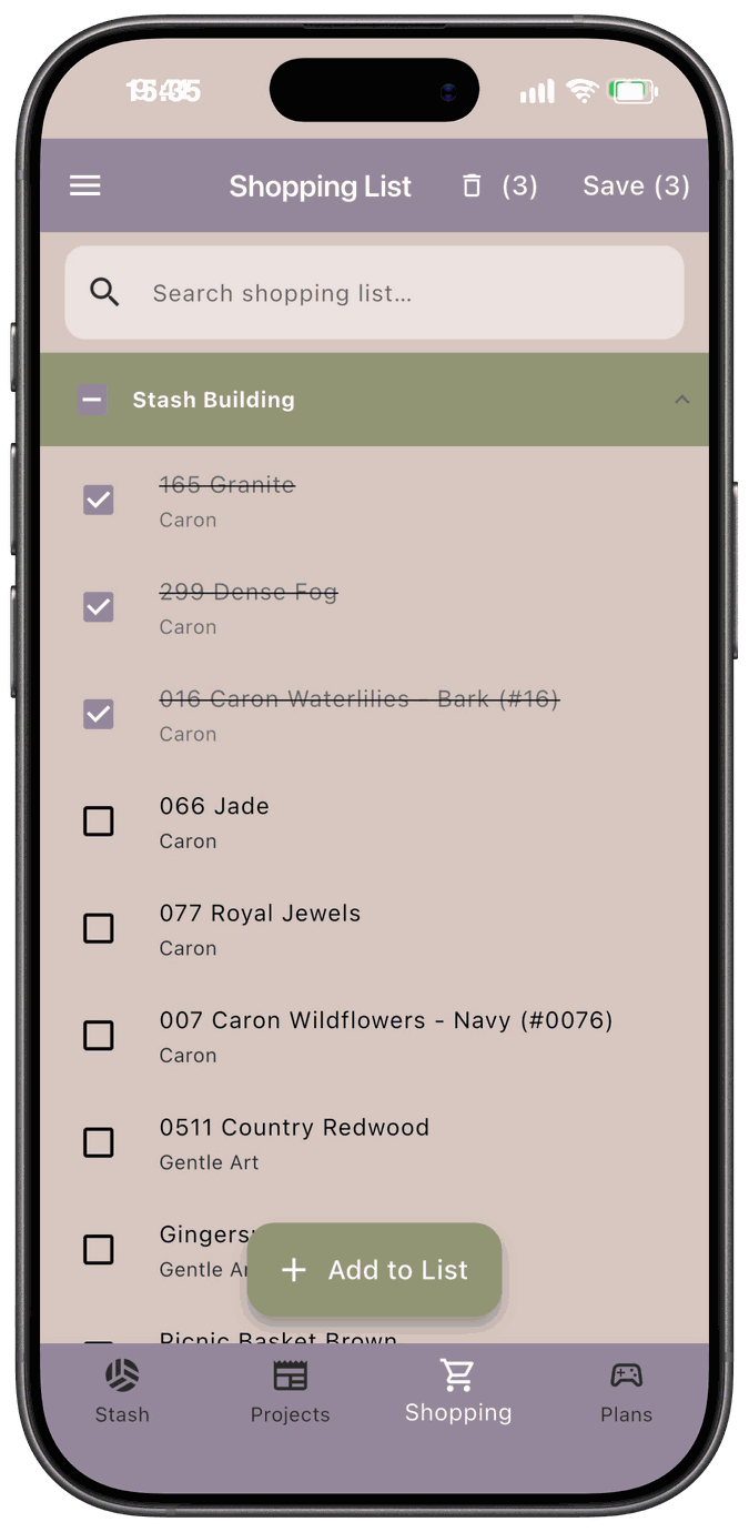 The Shopping List with three items checked and crossed out, and Save (3) and a delete count in the top bar