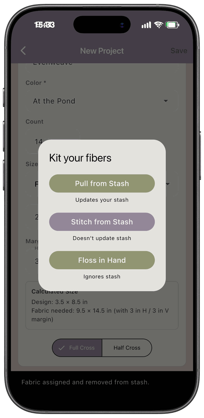 The Kit your fibers dialog with Pull from Stash, Stitch from Stash, and Floss in Hand buttons