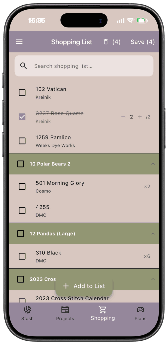 A checked item with a quantity counter showing 2 of 2, next to unchecked items