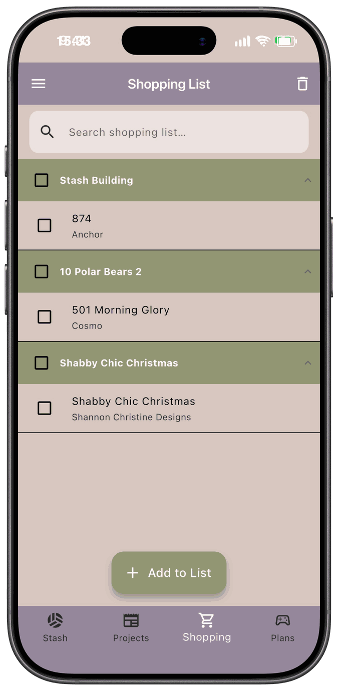 The Shopping List screen with items grouped under Stash Building and under project names