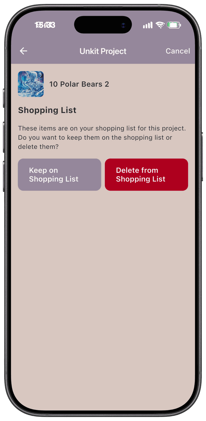 The Unkit Project screen asking whether to keep or delete the project’s items on the shopping list