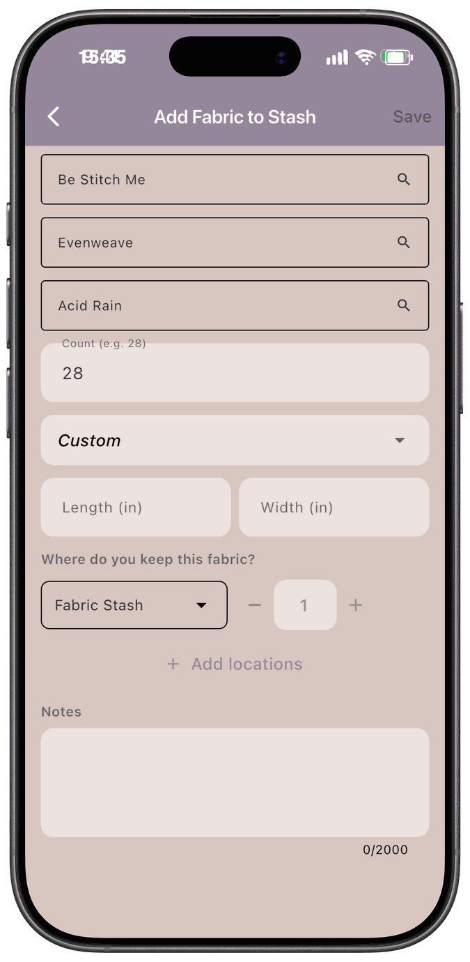 The Add Fabric to Stash form with brand, type, color, and count filled in, Custom size selected, and Length and Width fields