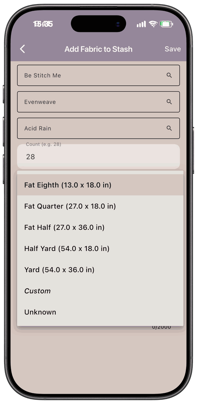 The Size dropdown listing Fat Eighth, Fat Quarter, Fat Half, Half Yard, Yard, Custom, and Unknown