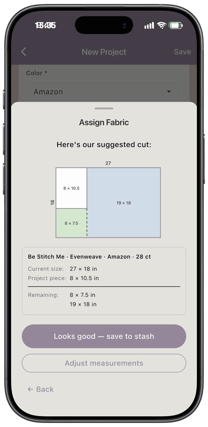 The suggested cut diagram with the project piece and two remaining pieces, and the Looks good — save to stash and Adjust measurements buttons