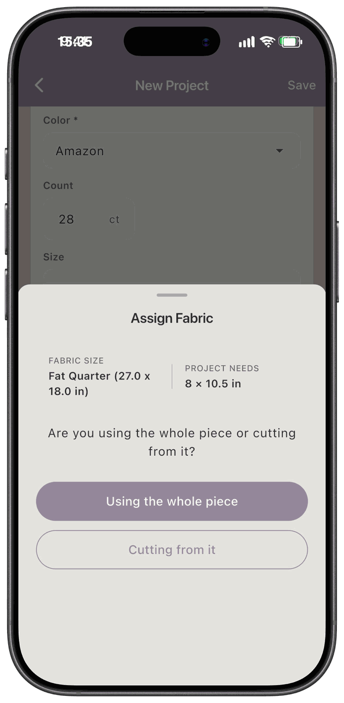The Assign Fabric sheet showing the fabric size, what the project needs, and buttons for Using the whole piece and Cutting from it