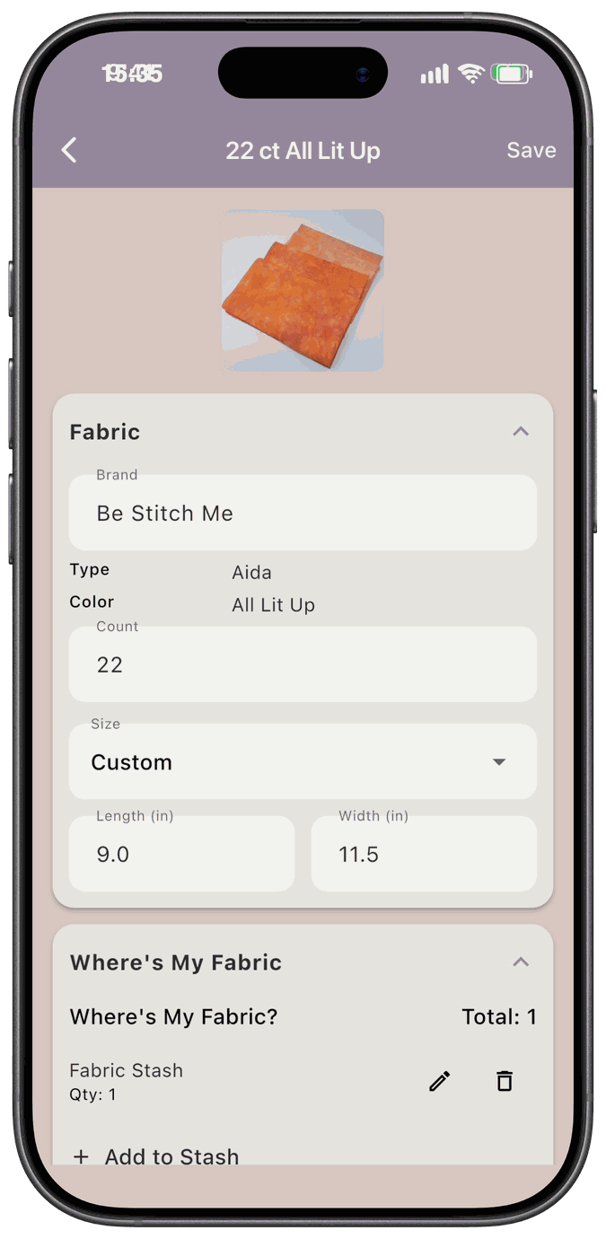 The fabric detail screen showing brand, type, color, count, and size fields, and a Where’s My Fabric section with a storage location