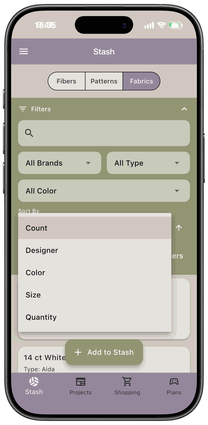 The Fabrics filter bar with All Brands, All Type, and All Color dropdowns and the Sort By menu open showing Count, Designer, Color, Size, and Quantity