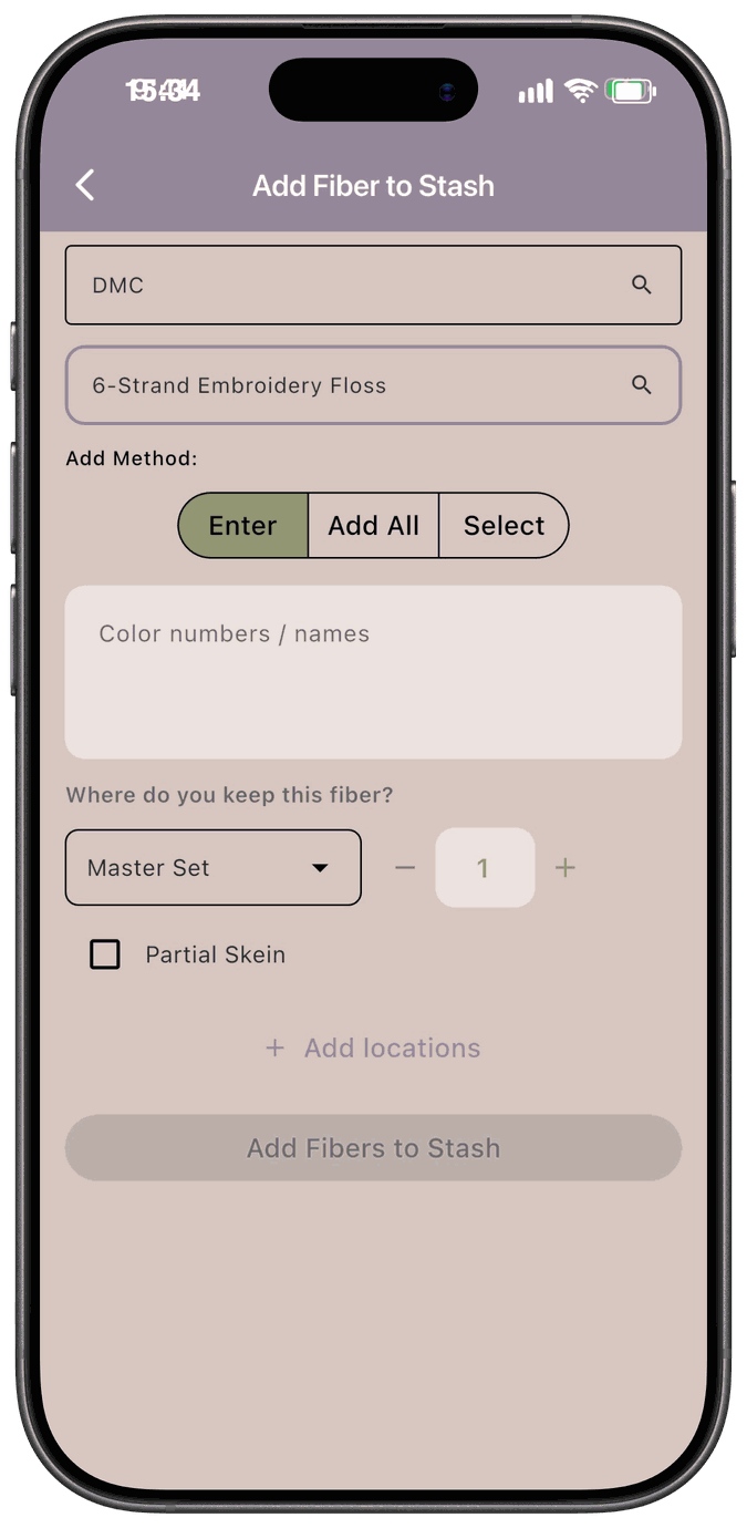 The Add Fiber to Stash form with a brand and collection selected, the Enter method chosen, and a location row