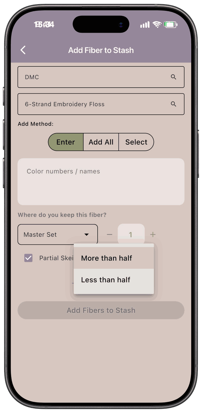 The Partial Skein checkbox checked with a dropdown offering More than half and Less than half
