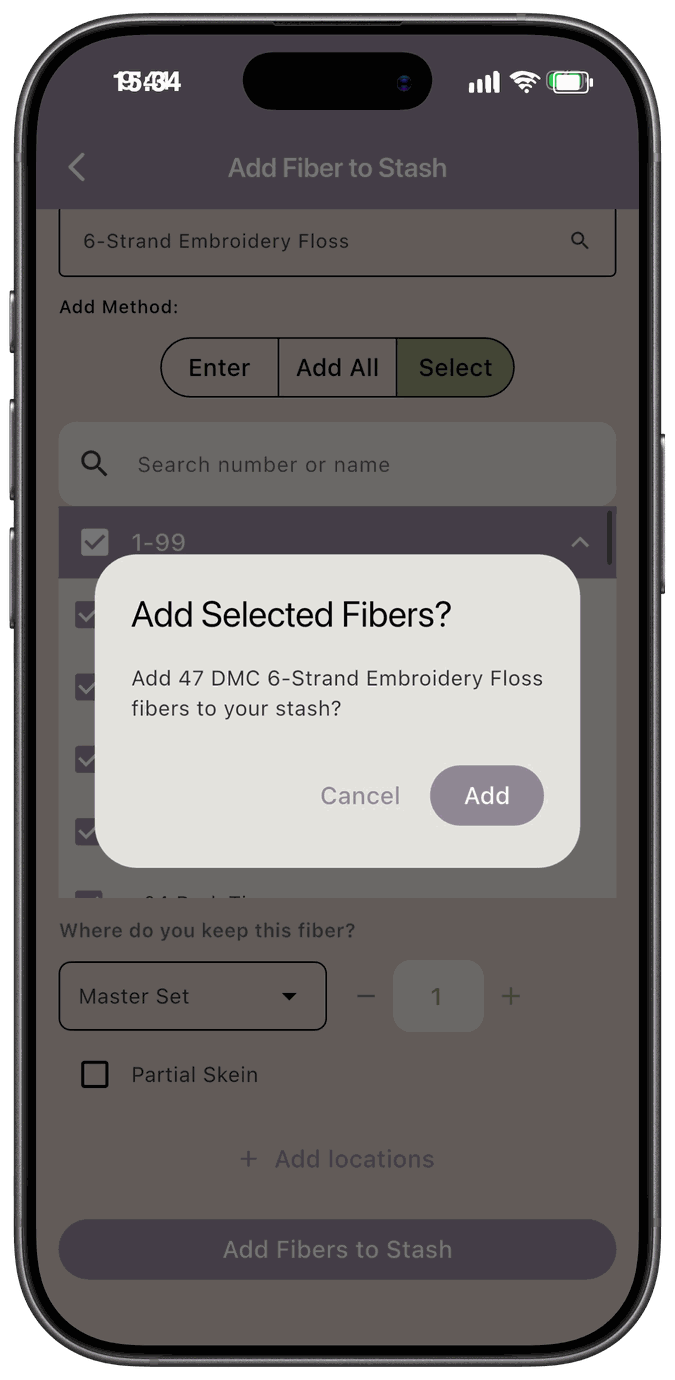 Confirmation dialog asking Add Selected Fibers with a Cancel and Add button