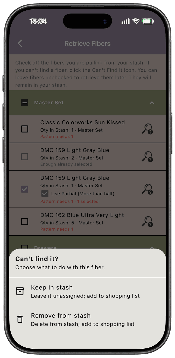 The Can’t find it sheet offering Keep in stash or Remove from stash, both of which add the fiber to the shopping list