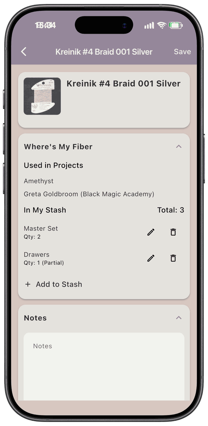 The fiber detail screen showing which projects use the fiber, stash quantities by location, and a Notes section