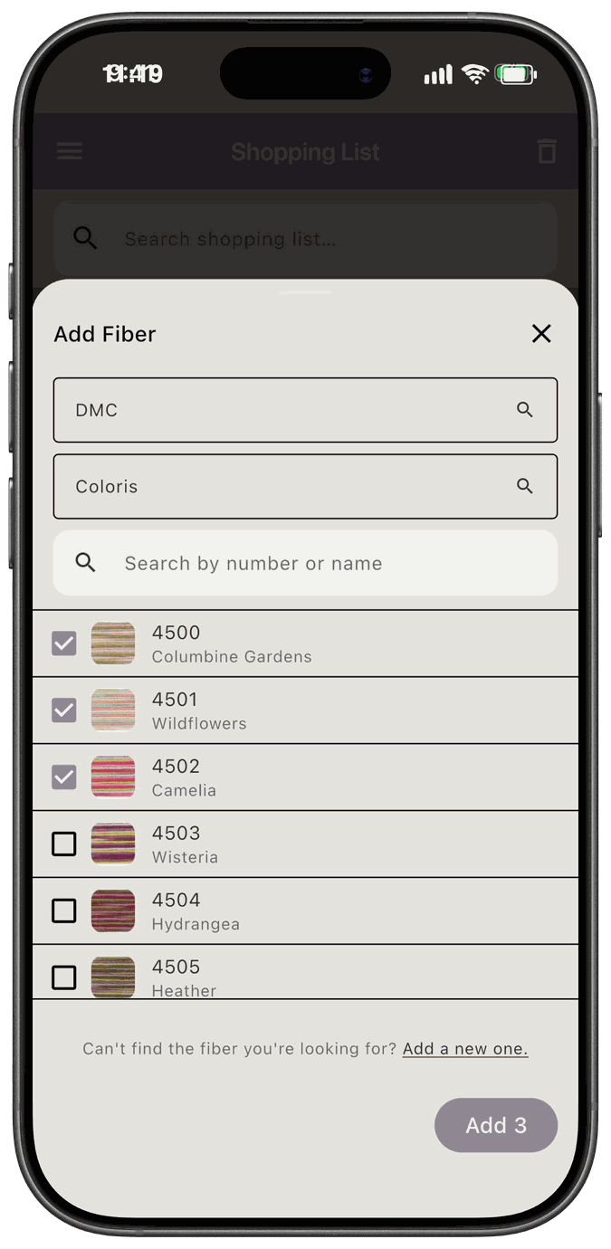 The Fiber Picker with a brand and collection chosen, a search box, and a list of fibers with three checked