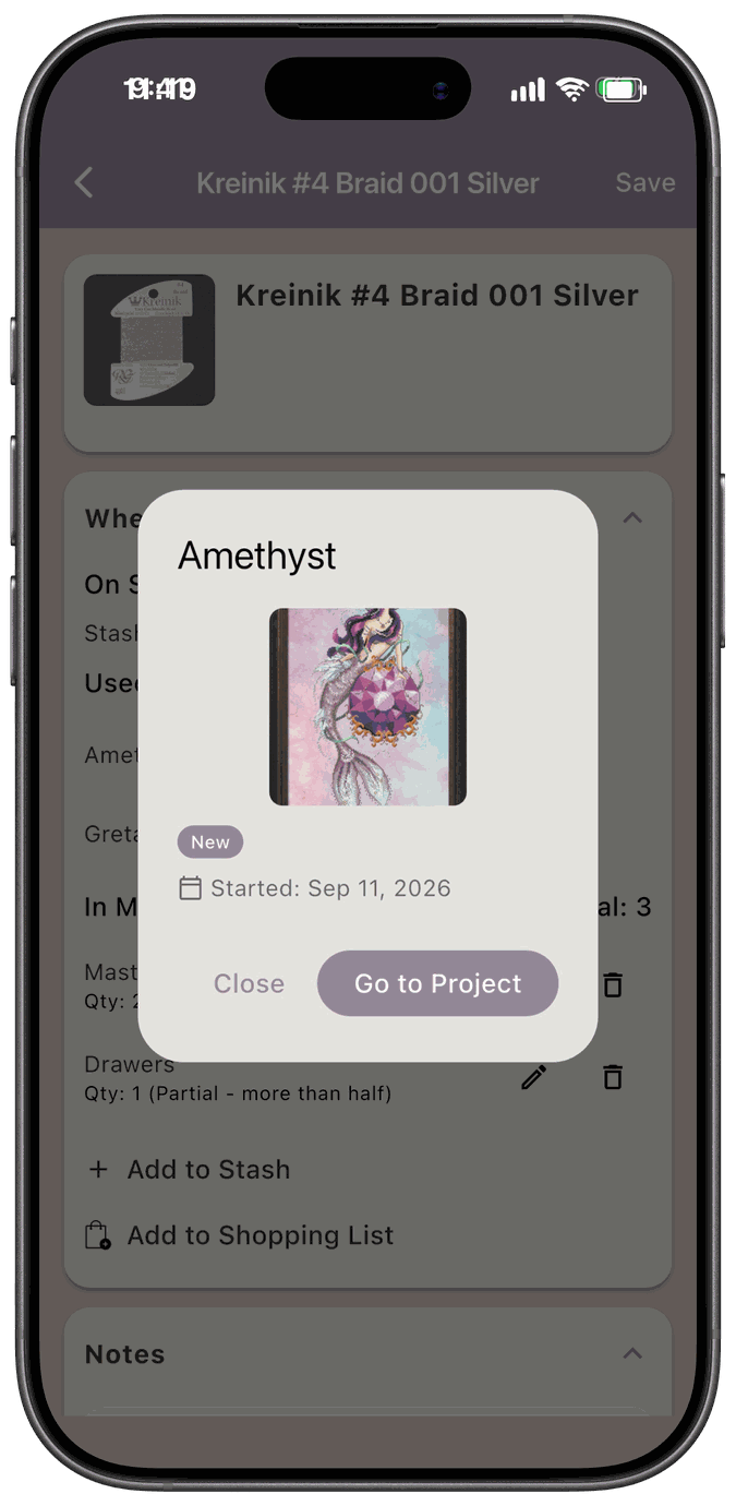 The preview of a project opened from a fiber, with the project’s image, status, and start date, and Close and Go to Project buttons