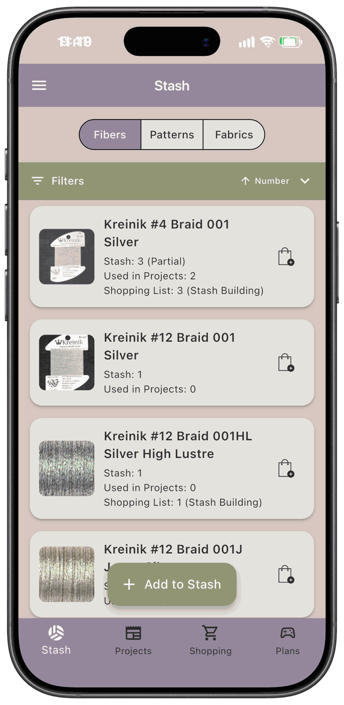 The Fibers tab of the Stash screen with fiber cards and an Add to Stash button