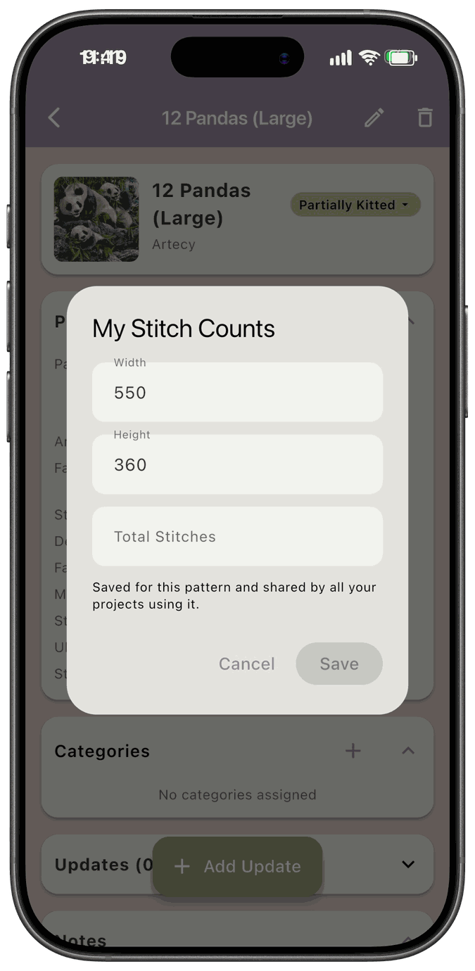 The My Stitch Counts dialog with Width, Height, and Total Stitches fields and Cancel and Save buttons