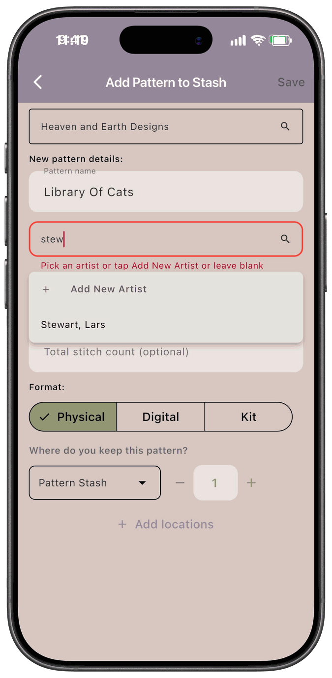 The Select Artist field with some text typed, the Add New Artist option and a matching artist in the list, and the message Pick an artist or tap Add New Artist or leave blank
