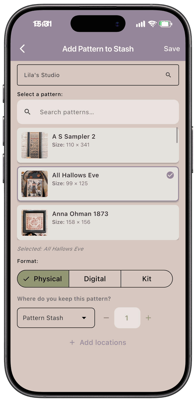 The Add Pattern to Stash form with a designer chosen, a pattern selected from the list, and Format and location fields below