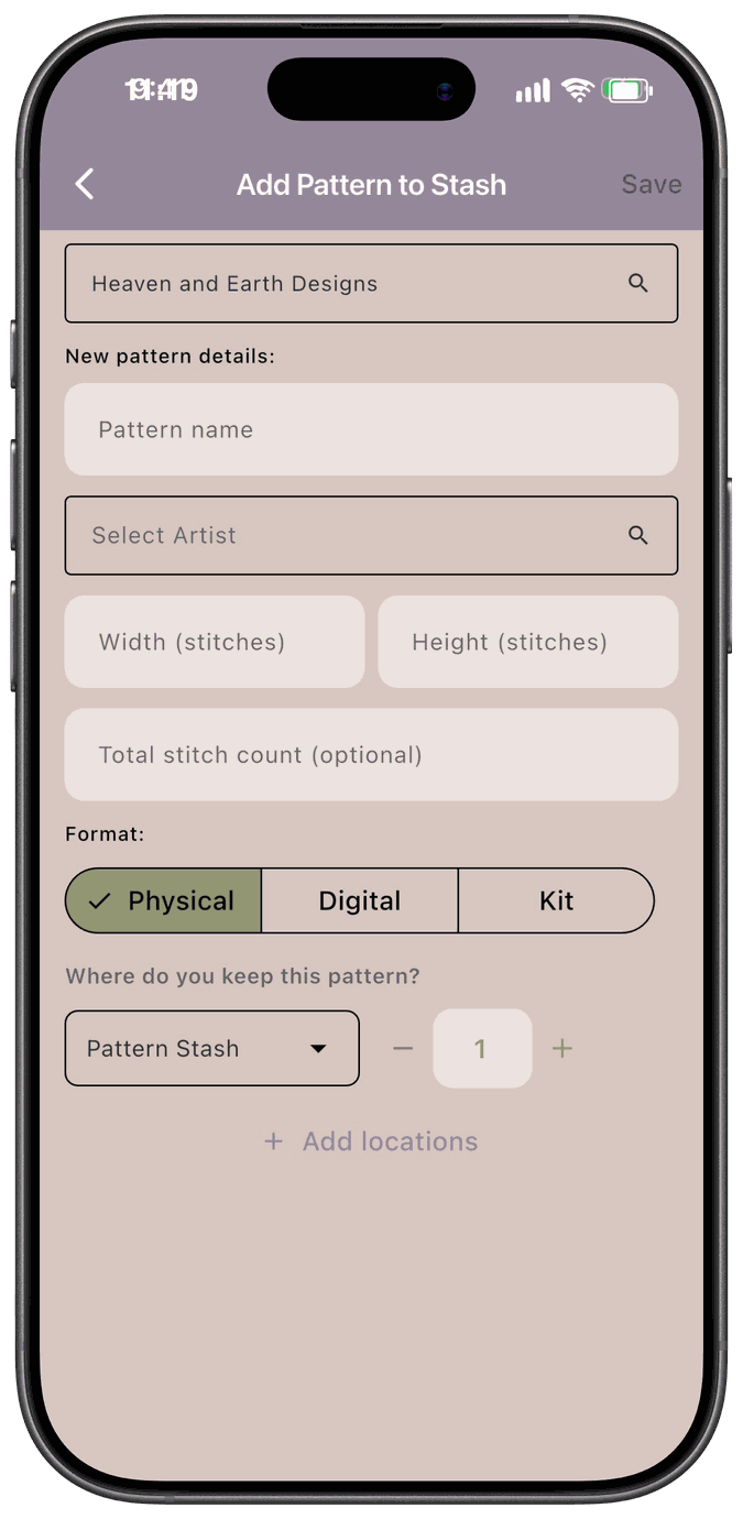 The new pattern form with Pattern name, a Select Artist search field, Width and Height in stitches, Total stitch count, Format, and a location row