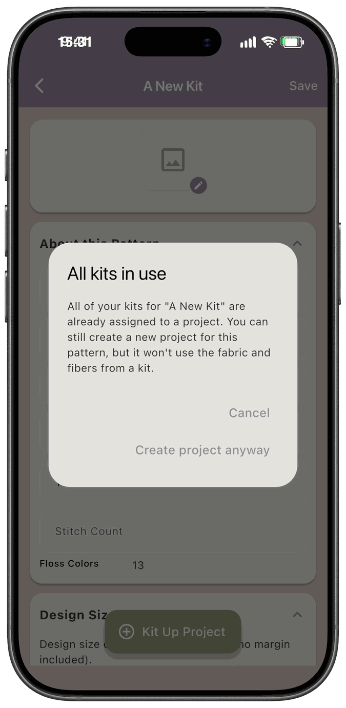The All kits in use dialog explaining that all kits are assigned to projects, with Cancel and Create project anyway buttons