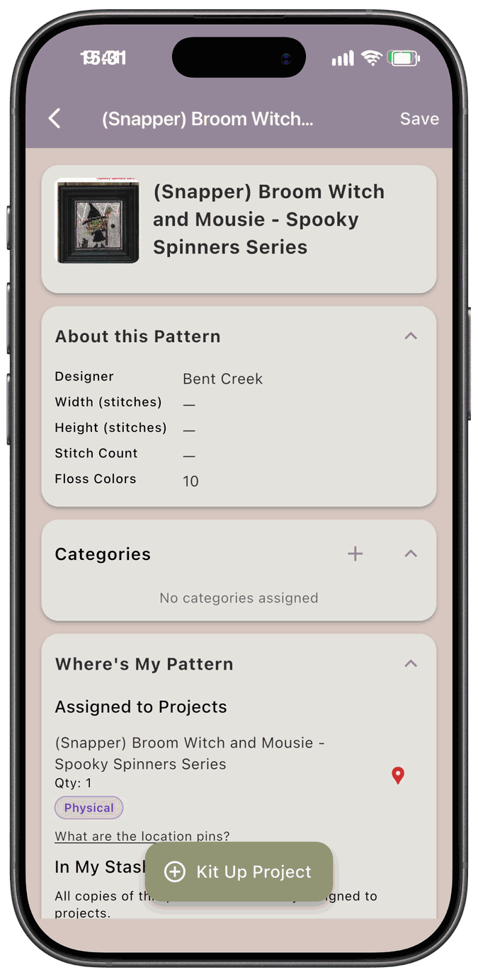 The Categories card with an assigned category, and Where’s My Pattern showing a project assignment with a location pin