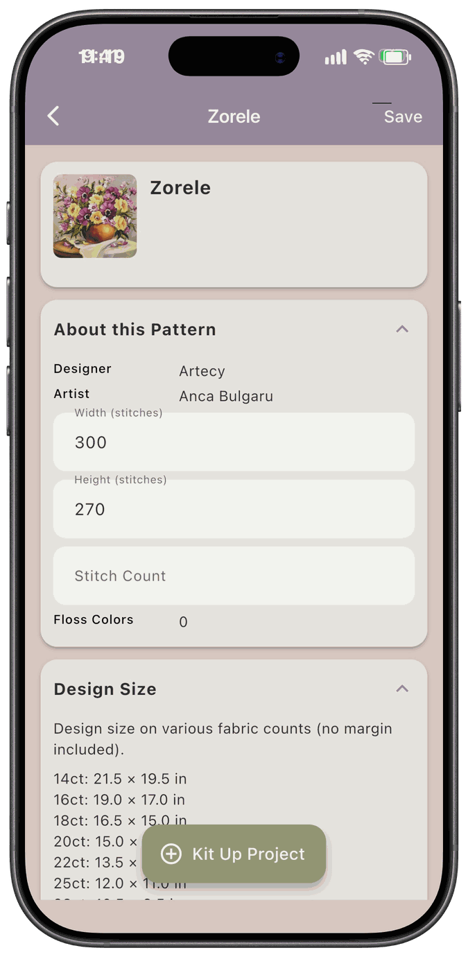 The pattern detail screen with editable Width, Height, and Stitch Count fields