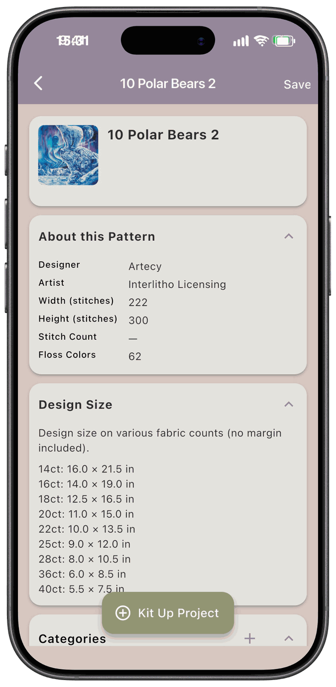 The pattern detail screen showing About this Pattern and a Design Size table for several fabric counts