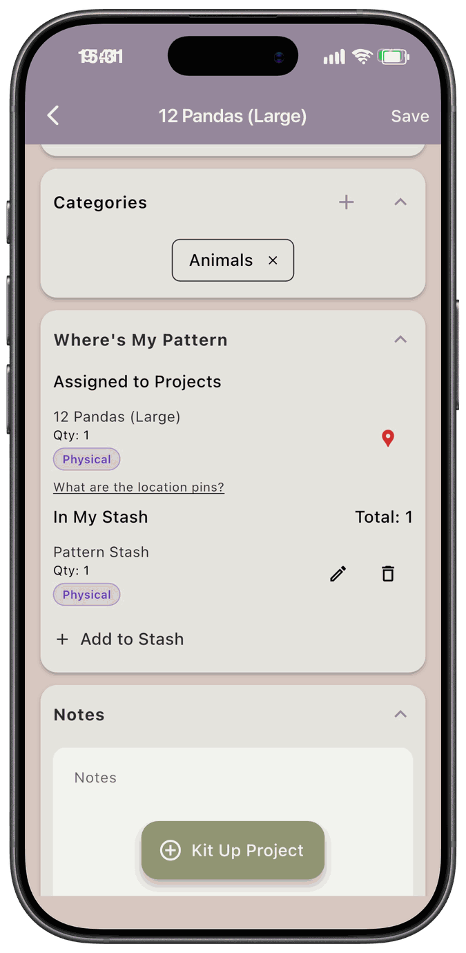 The Where’s My Pattern card with a copy assigned to a project and a Pattern Stash location row
