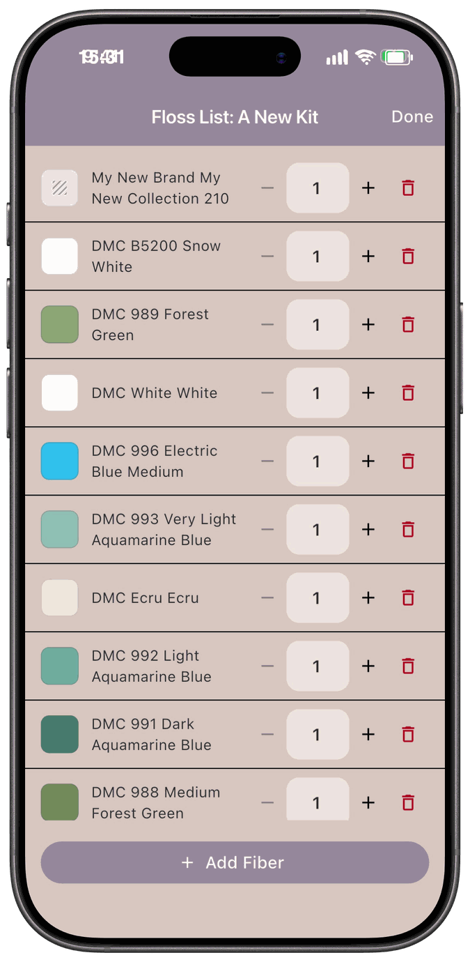 The Floss List editor with a list of fibers, quantity counters, delete icons, and an Add Fiber button
