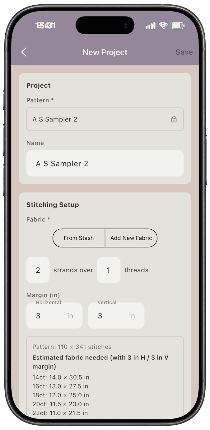 The New Project screen with the pattern filled in and locked, and a Stitching Setup section with fabric options and an estimated fabric size