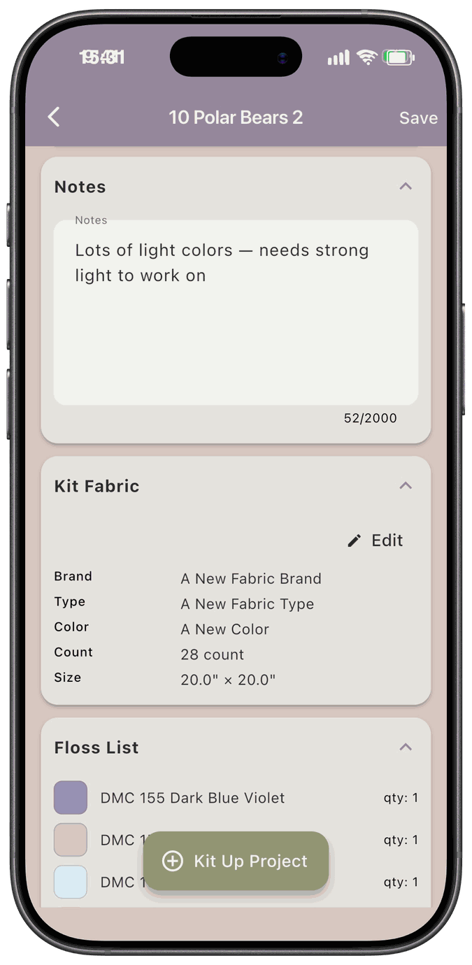The Notes card with sample text and the Kit Fabric card showing brand, type, color, count, and size
