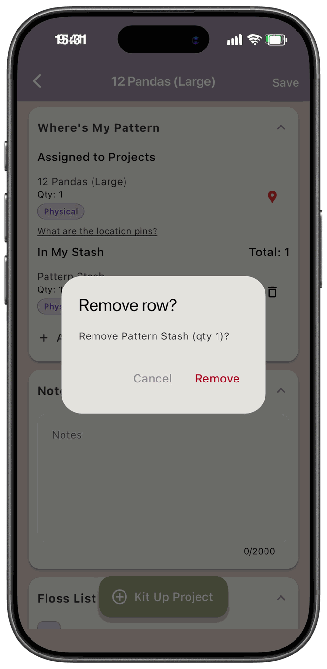 The Remove row confirmation dialog for a Pattern Stash location with Cancel and Remove buttons