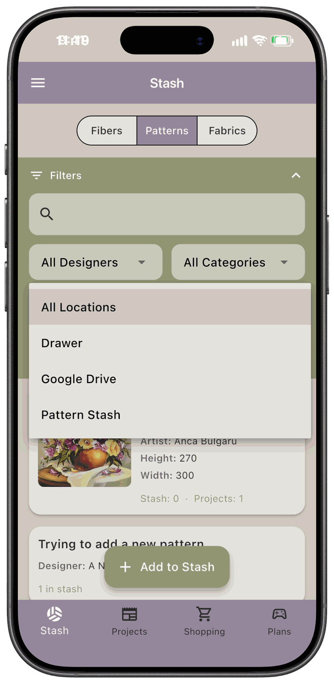 The Patterns filter bar with the All Locations dropdown open and showing your locations