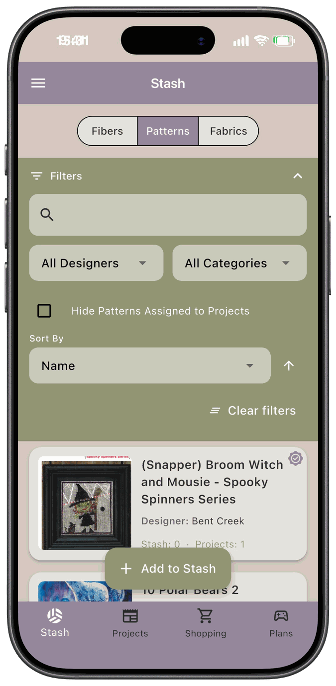 The Patterns filter bar with search, All Designers and All Categories dropdowns, a Hide Patterns Assigned to Projects checkbox, Sort By, and Clear filters