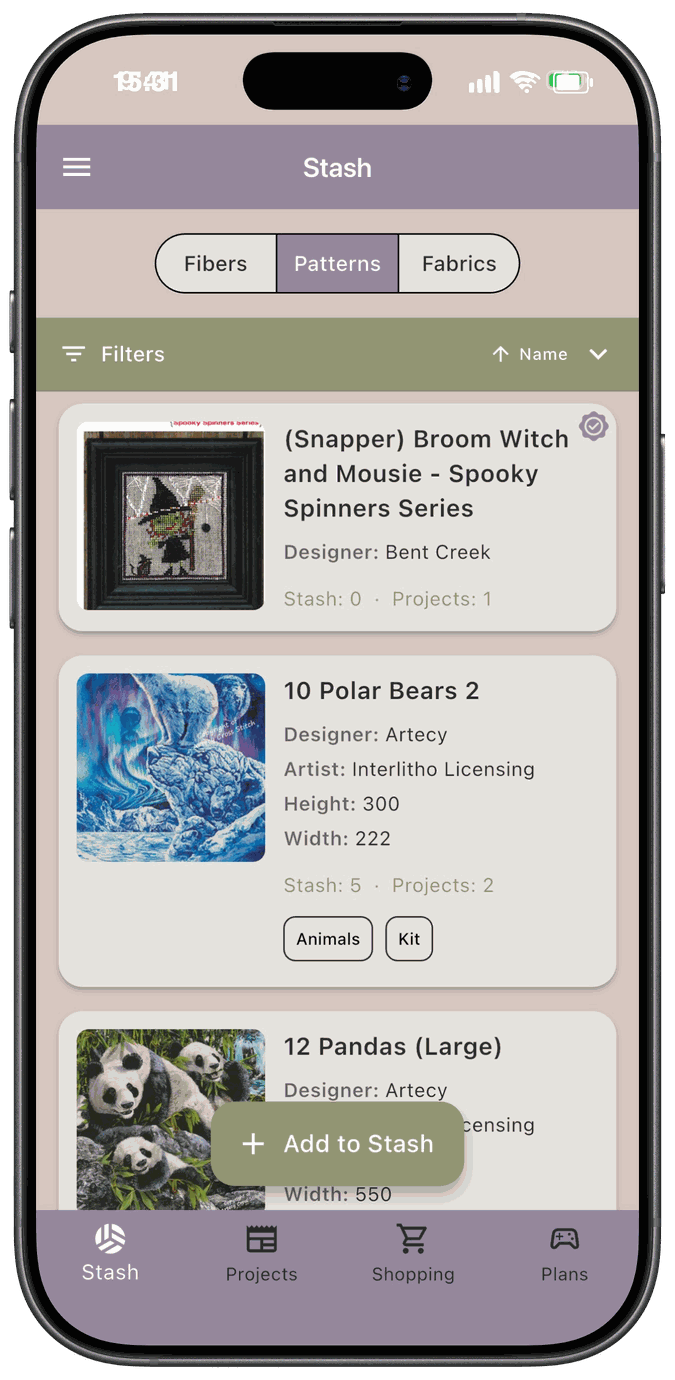 The Patterns tab of the Stash screen showing pattern cards with designer, artist, size, stash and project counts, and category chips