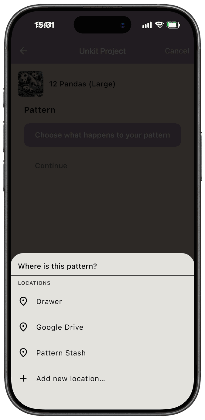 The Where is this pattern location picker with Drawer, Google Drive, and Pattern Stash locations