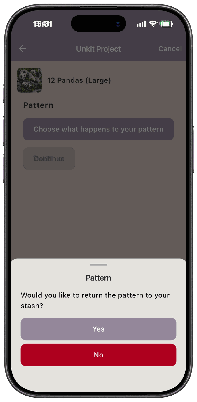 The Unkit Project screen asking Would you like to return the pattern to your stash with Yes and No buttons