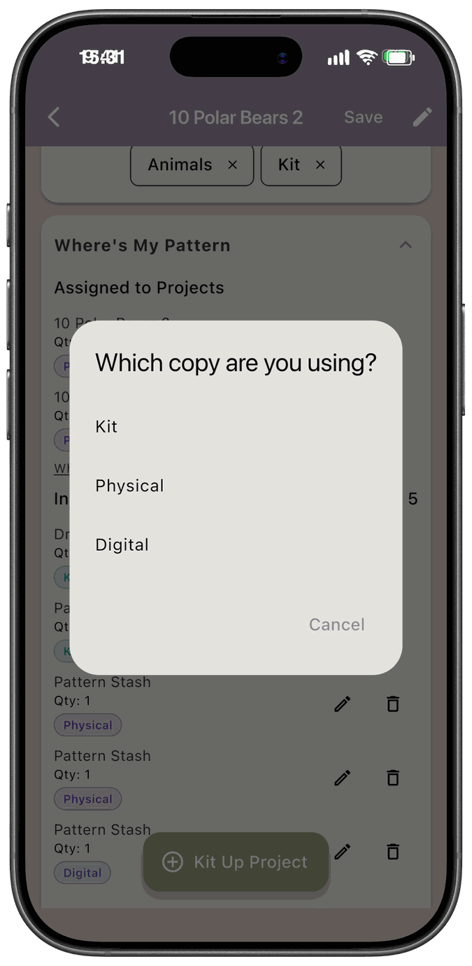 The Which copy are you using dialog with Kit, Physical, and Digital options