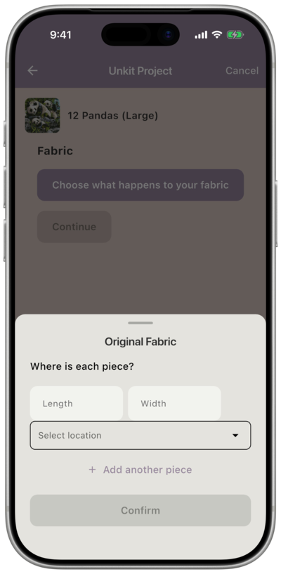 Where is each piece? screen with Length and Width fields, a location dropdown, and the “+ Add another piece” option